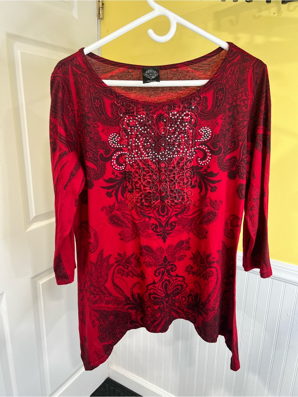 Women's Red Paisley Scoop Neck Embellished Long Sleeve Top